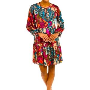 Trina Turk A-line tiered skirt|Long balloon sleeves with ties at wrist